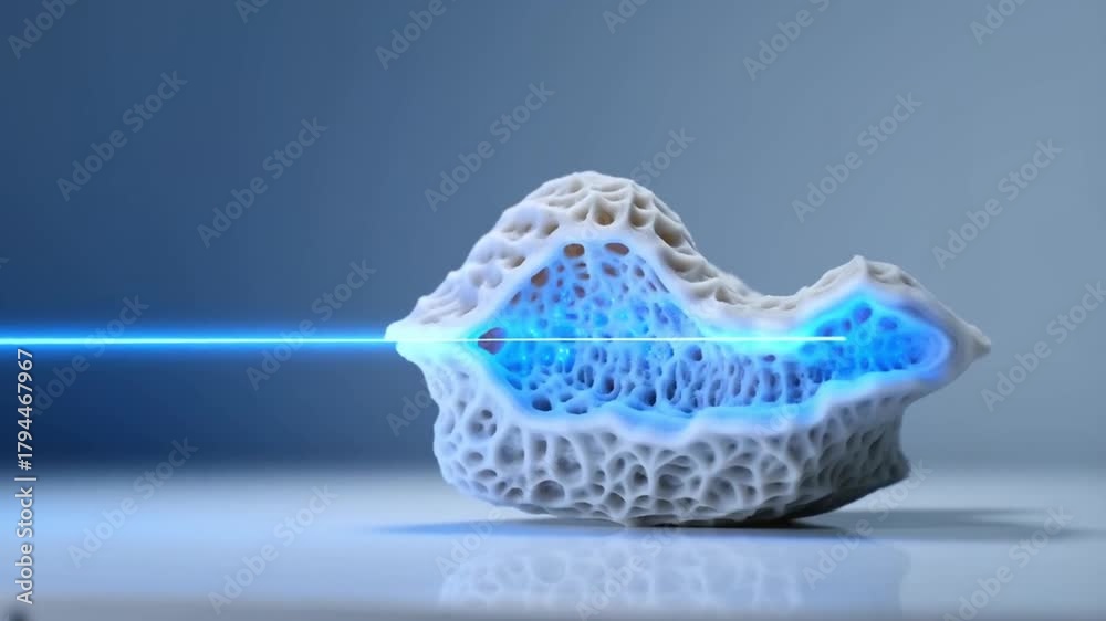 A blue laser scan beam moving over a 3d printed organic structure ...