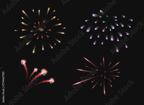 Vector Rocket Fireworks on black background. Fireworks festival. Different color sparkle lights in sky. New Year and Christmas greeting and invitation postcard design. Fire cracker