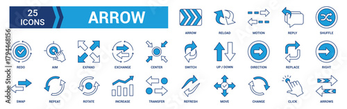 Arrow icon set. Containing cursor arrow, change, transfer, switch, swap, exchange, up, down and refresh symbol icons. Blue icon collection.
