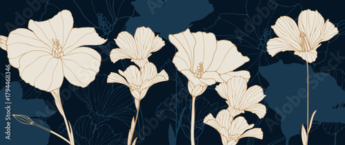 Golden floral and botanical on dark blue background. Elegant exotic plants with gold line art for banner, prints, decoration, wall art.