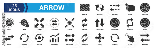 Arrow icon set. Containing cursor arrow, change, transfer, switch, swap, exchange, up, down and refresh symbol icons. Glyph icon collection.
