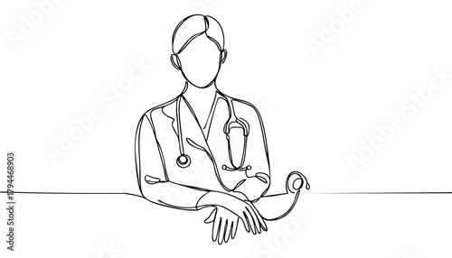 Single line drawing in modern minimalist style of healthcare workers team on white background