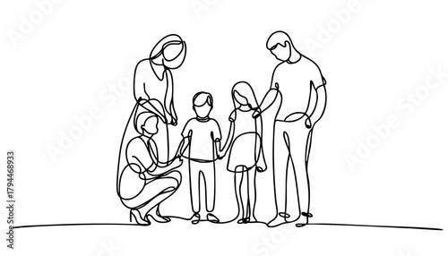 Single line drawing in modern minimalist style of family support and unity for World Cancer Day on white background with copy space
