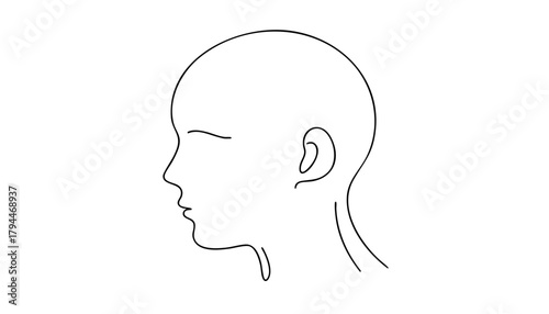 Single line drawing in modern minimalist style of bald head symbol for World Cancer Day on white background with copy space