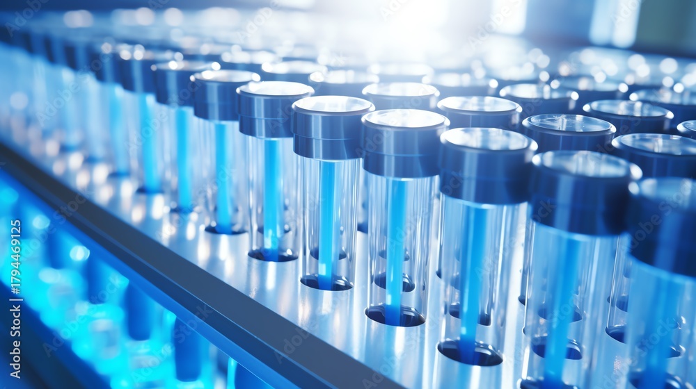Fototapeta premium Test tubes aligned in a modern laboratory setting.