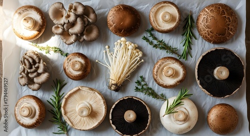 Flat-lay of farmer’s market mushrooms displayed on parchment with scattered herbs