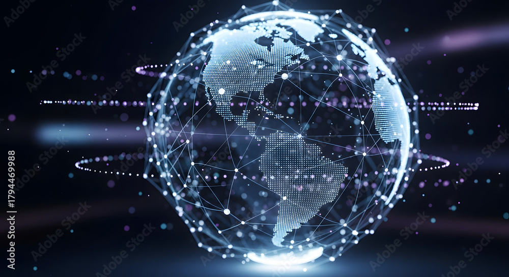 Fototapeta premium Abstract Global Network Digital Connectivity and Data Flow Across the World, Symbolizing Advanced Technology, Communication, and Future Innovation