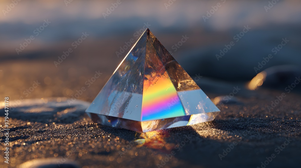 Naklejka premium Captivating crystal pyramid reflects rainbow light at sunset nature photography macro view