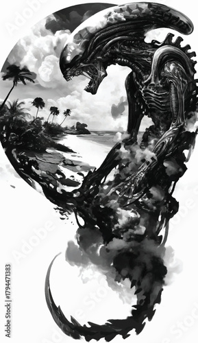 Alien-Beach Nightmare: A monstrous alien creature emerges from a dark realm, juxtaposed against a tropical beach scene, creating a surreal and terrifying image.
