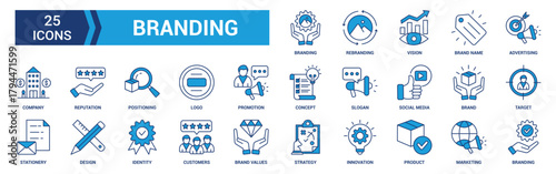 Branding icon set. Containing marketing, product, brand value, design, logo, brand development, social media, advertising and loyal customers icons. Blue icon collection.