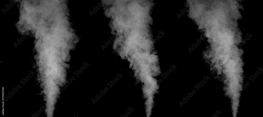 Obraz premium White smoke rising on black background. Abstract steam effect for design, texture or overlay. Perfect for creative works, background or atmosphere effects and graphic design.