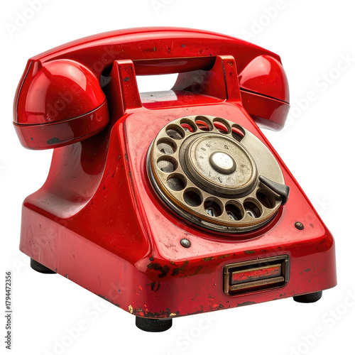 Classic red rotary telephone with visible wear. Isolated