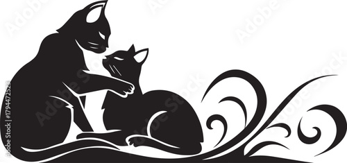 Cats Silhouette Art: Two sleek black cat silhouettes embrace, entwined in a tender moment against a backdrop of flowing design, embodying the grace and elegance of feline connection.