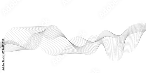 Abstract grey, white smooth element swoosh speed wave modern stream background. Wave with lines created using blend tool. Abstract frequency sound wave lines and twisted curve lines background.	
