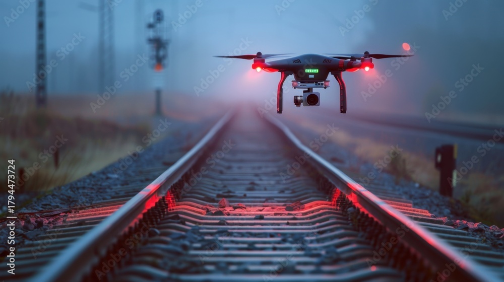 Naklejka premium A drone hovers above railway tracks in a foggy environment. The scene captures the technology of drones in transportation settings.