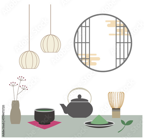 抹茶を楽しむ和モダンな空間のイラスト素材