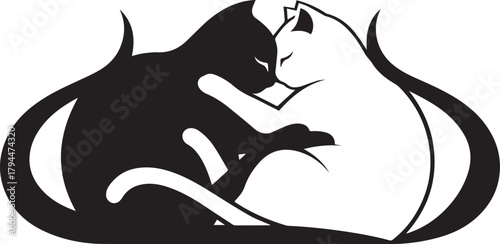 Yin and Yang cats: Two cats, one black and one white, harmoniously intertwined in a symbolic representation of the Yin and Yang philosophy, depicting balance and duality. 