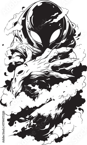Alien Emerges: An alien figure emerges from a swirling vortex of smoke, its eyes fixed forward with an air of mystery and the unknown. A captivating, artistic expression