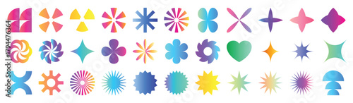Y2K abstract geometric shapes set. Big collection of colorful gradient vector icons, futuristic brutalist stars, and flowers.