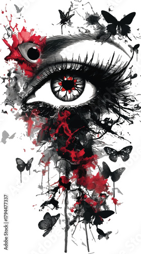 Visions of Melancholy: A monochrome art piece of eye amidst the abstract imagery of blood splatters and butterflies suggesting raw emotional vulnerability, introspection, and deep observation.