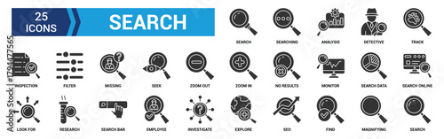 Search icon set. Containing magnifying glass, find, research, SEO and investigate icons. Outline icon collection. Vector illustration.
