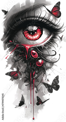Crimson Tear of Revelation: An intense, surreal illustration captures a solitary eye shedding crimson tears, a symphony of dark elegance against a subtle backdrop, revealing a cascade of emotions.