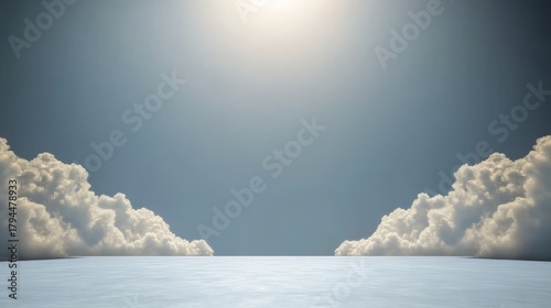 Expansive majestic white cumulus cloud formation floating high in clear blue sky on bright sunny day illustrating calm weather and nature's grandeur.