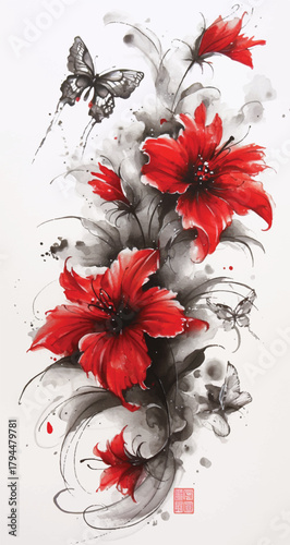 Crimson Blooms with Delicate Butterflies: A vibrant artwork of exquisite red blossoms and graceful butterflies dancing amidst elegant grayscale brushstrokes.