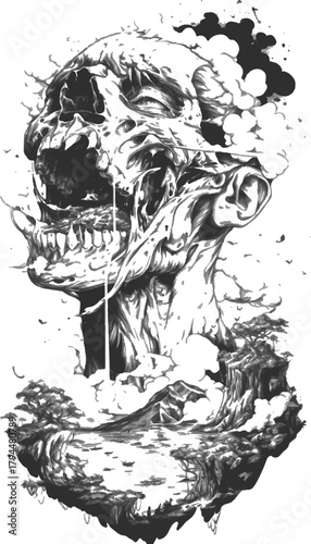 Embodiment of Decay: A striking monochrome illustration of a skull, intricately detailed to evoke a sense of mortality and the passage of time.