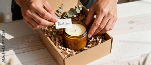 Hands packing a lit candle in a gift box with a thank you note. Small business preparing an order for a customer. Handmade present with a personal touch