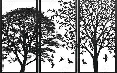 Silhouette Trees: A captivating display showcasing intricate silhouette trees and birds, creating a visually appealing artistic composition.