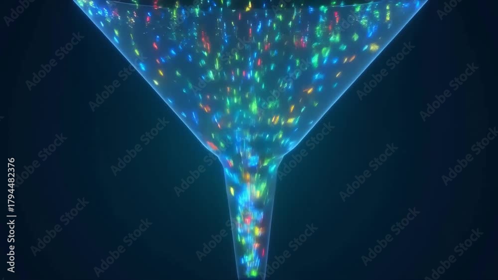 Glowing data particles flowing through a digital funnel being sorted by color and speed concept of data filtering and processing
