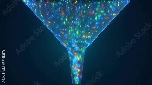 Glowing data particles flowing through a digital funnel being sorted by color and speed concept of data filtering and processing