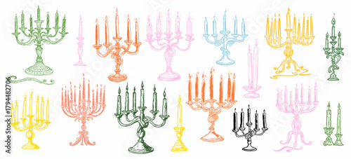 Retro Vintage Сandelabra Hand Drawn Sketch Charcoal Vector Illustration. Vintage Candelabrum for Creative Design. Candlestick Chalk Sketch Line Art Drawing. Vector Illustration