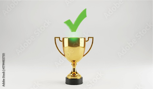 Shiny Gold Trophy Cup with Green Check Mark Icon isolated PNG with Transparent Background