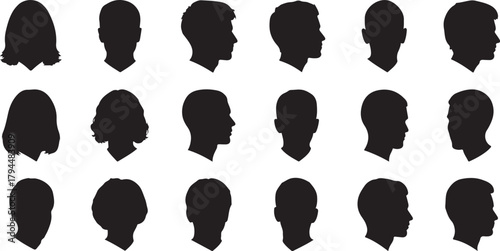 Diverse Human Head Silhouettes: Front, Side, and Back Views