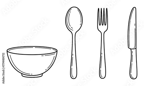 Simple Hand-Drawn Doodle of a Bowl and Serving Elements - Vector Line Art