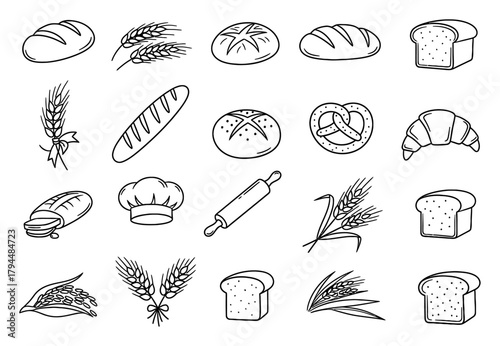 Minimalist Bread and Grain Doodle Icons, Hand-Drawn Vector Art for Food & Bakery Design