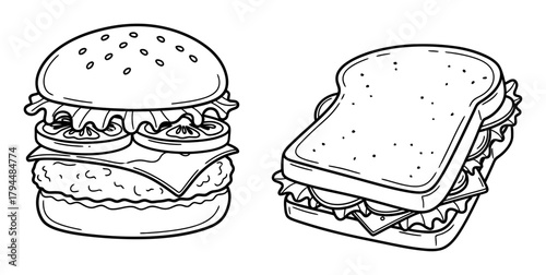 Burger and Sandwich Doodle Icons, Minimalist Vector Line Art for Food Design
