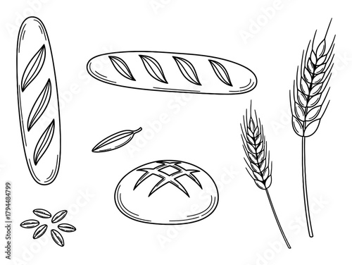 Minimalist Bread and Grain Doodle Icons, Hand-Drawn Vector Art for Food & Bakery Design