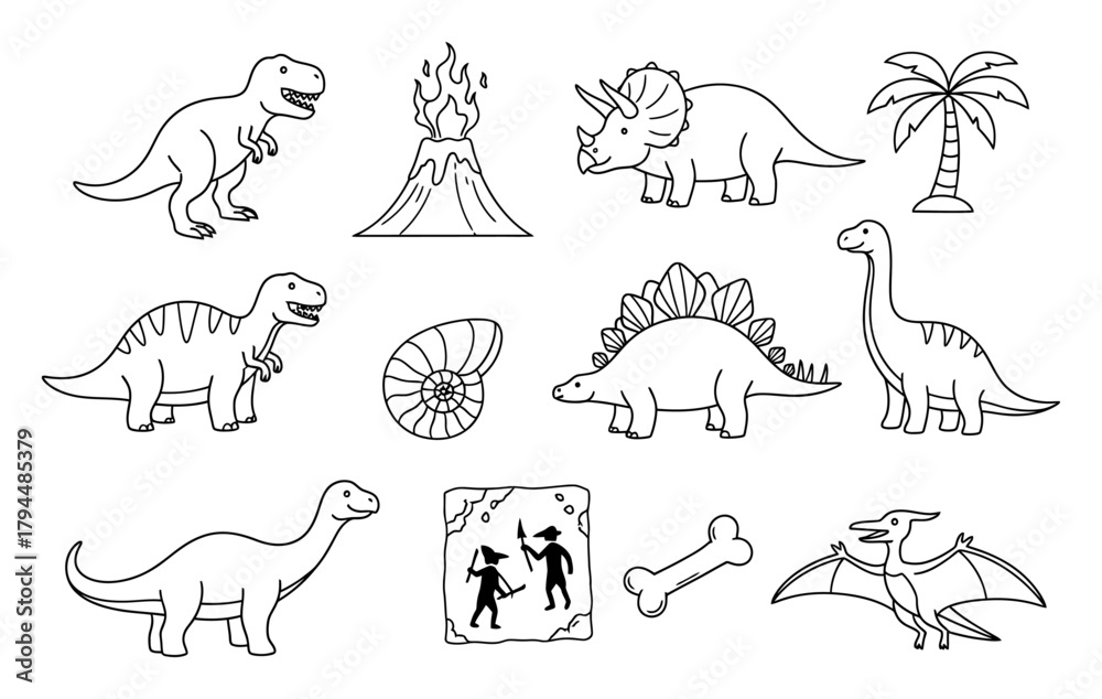 Fototapeta premium Minimalist Dinosaur & Prehistoric Symbols Doodle - Black Line Art Vector
