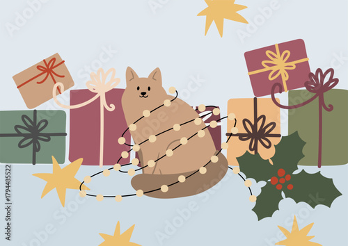 Illustration of cute cat tangled in Christmas lights among gift boxes and holly leaves. Cozy winter atmosphere with stars, ribbons, glowing garland creates warm festive holiday mood. Flat vector art.
