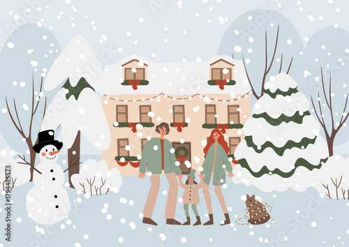 Illustration of winter Christmas scene with a family near a decorated house. Parents and child walk in the snow beside a snowman and dog, creating a cozy festive New Year atmosphere. Flat vector art.