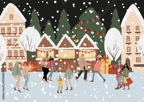 Winter Christmas market illustration with diverse people among decorated stalls and houses. Visitors shopping for gifts, socializing and enjoying festive atmosphere with snow and lights. Flat vector.