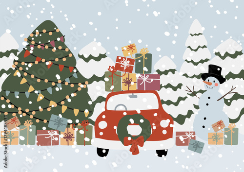 Christmas winter illustration with red car decorated with wreath and loaded with gift boxes. Snowman, Christmas tree with lights, snowflakes and snowy forest create cozy festive New Year mood.