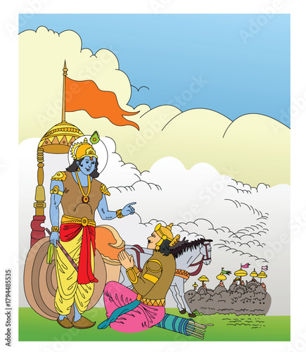 Cute cartoon hand drawn vector Geeta Updesh illustration.	
