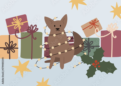 Illustration of dog tangled in Christmas lights among wrapped gifts and holly leaves. Festive winter atmosphere with stars, ribbons, boxes conveys warmth, fun and cozy New Year spirit. Flat vector art