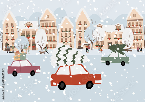 Christmas winter city scene illustration with cars carrying trees and gifts through snowy streets. Decorated houses, diverse people create festive holiday and joyful New Year atmosphere. Flat vector.
