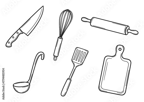 Minimalist Kitchen Tools Doodle Illustration - Black Line Art Vector