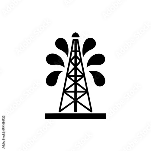 Oil derrick with oil spurting around it on transparent background silhouette